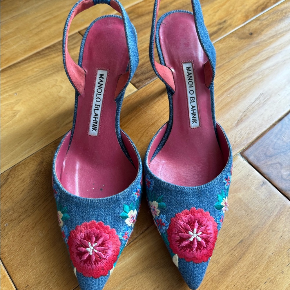Manolo Blahnik Blue Pink Floral Heels